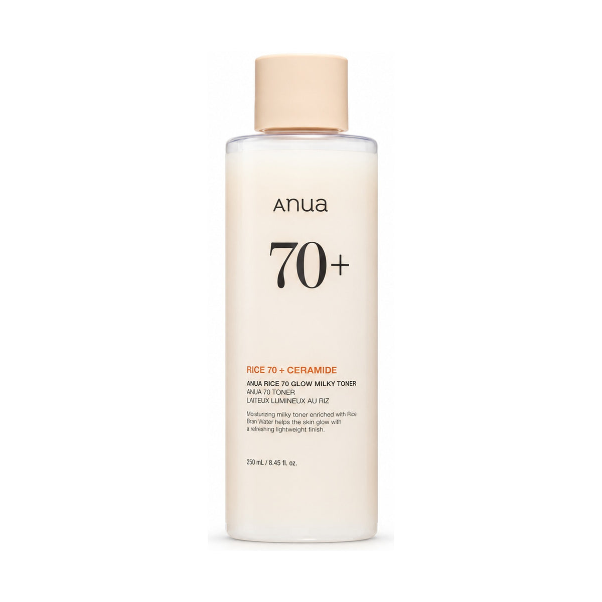 Anua Rice 70 Glow Milky Toner 250 ml bottle on a white background