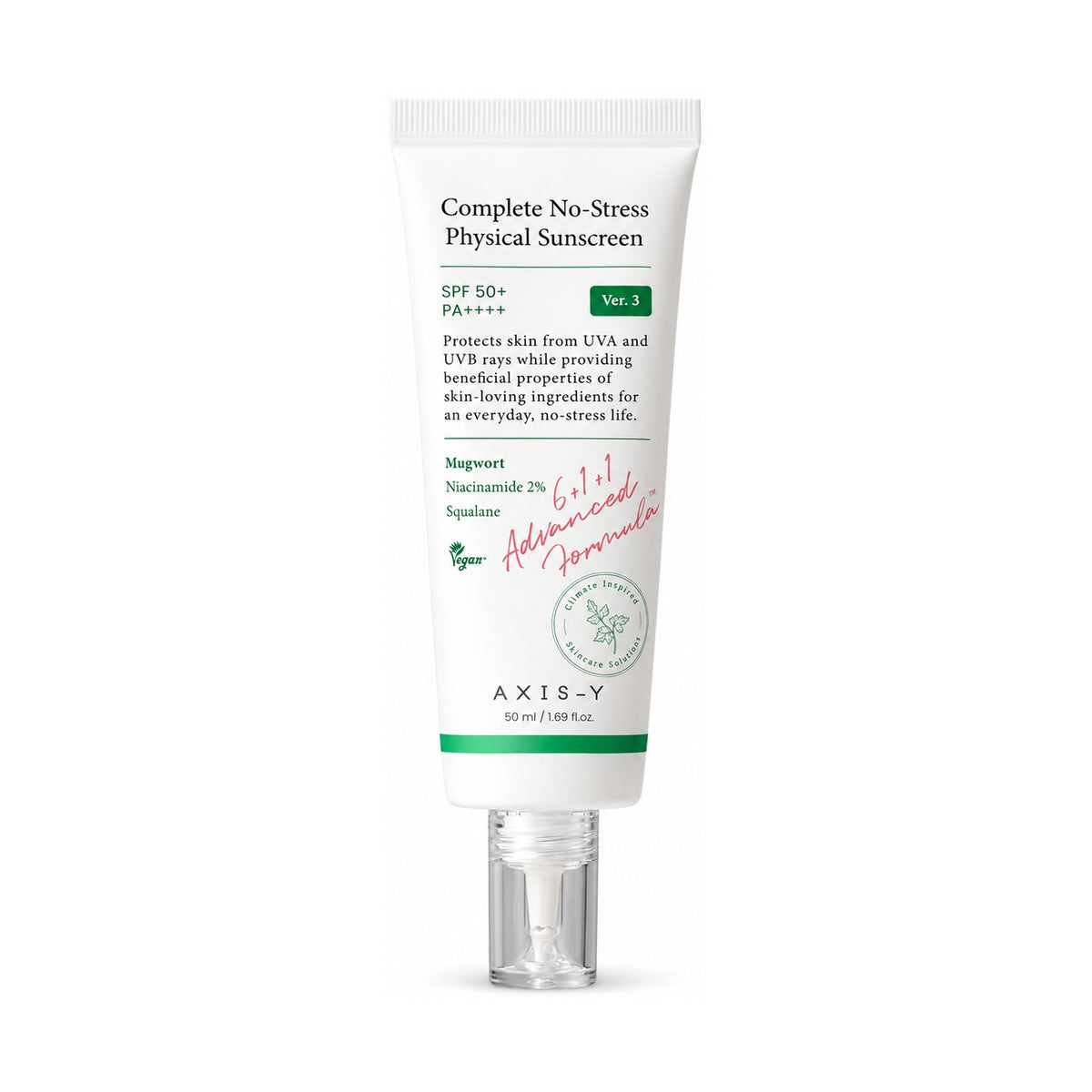 AXIS-Y Complete No-Stress Physical Sunscreen V.3 SPF50+ PA++++ 50 ml tube on a white background