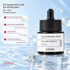 COSRX The Hyaluronic Acid 3 Serum standing in clear water with splashes and droplets