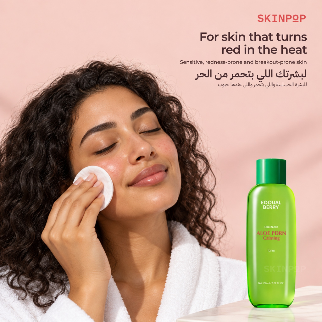Woman applying EQQUALBERRY Aloe PDRN Calming Toner with a cotton pad to calm redness-prone skin