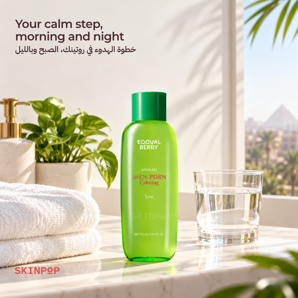 EQQUALBERRY Aloe PDRN Calming Toner on a bathroom shelf, part of a morning and night routine