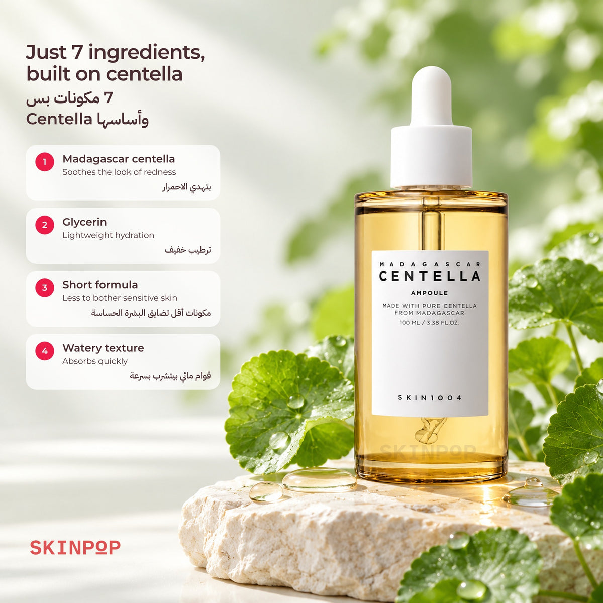 SKIN1004 Madagascar Centella Ampoule on a stone surrounded by fresh centella leaves