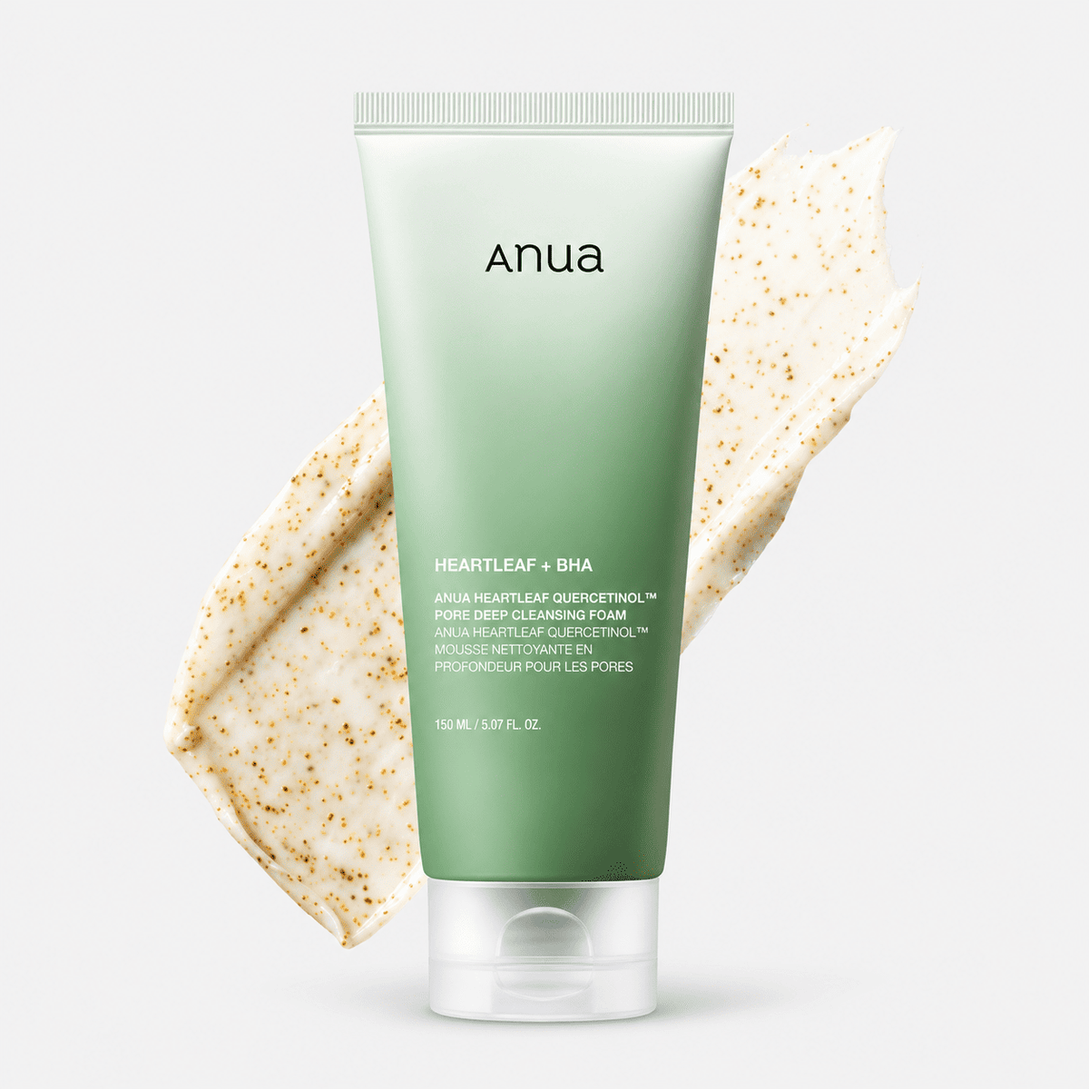 Anua Heartleaf Quercetinol Pore Deep Cleansing Foam 150 ml green tube with foam texture swatch
