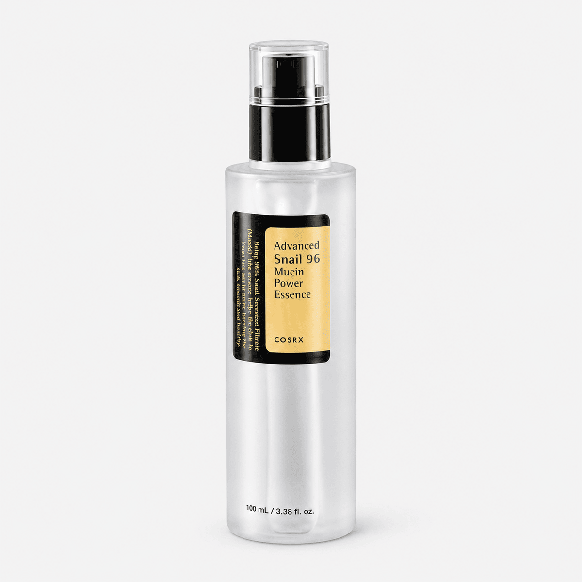 COSRX Advanced Snail 96 Mucin Power Essence 100 ml frosted bottle with black pump and yellow label