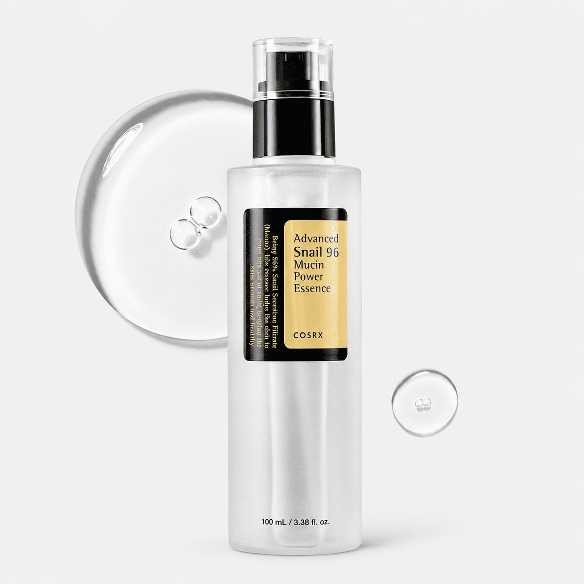 COSRX Advanced Snail 96 Mucin Power Essence 100 ml pump bottle with clear essence swatch