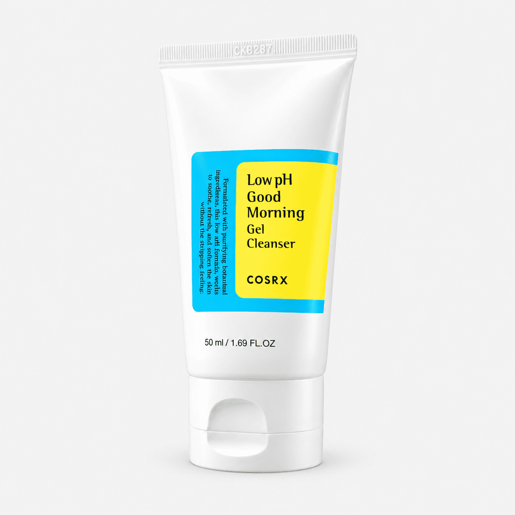 COSRX Low pH Good Morning Gel Cleanser tube front view with botanical formula note on the blue and yellow label