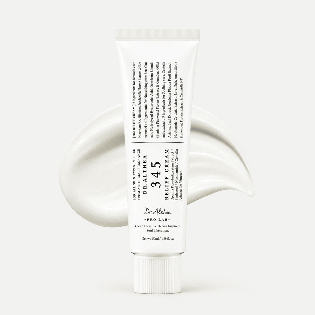 Dr. Althea 345 Relief Cream 50 ml white tube with cream swatch