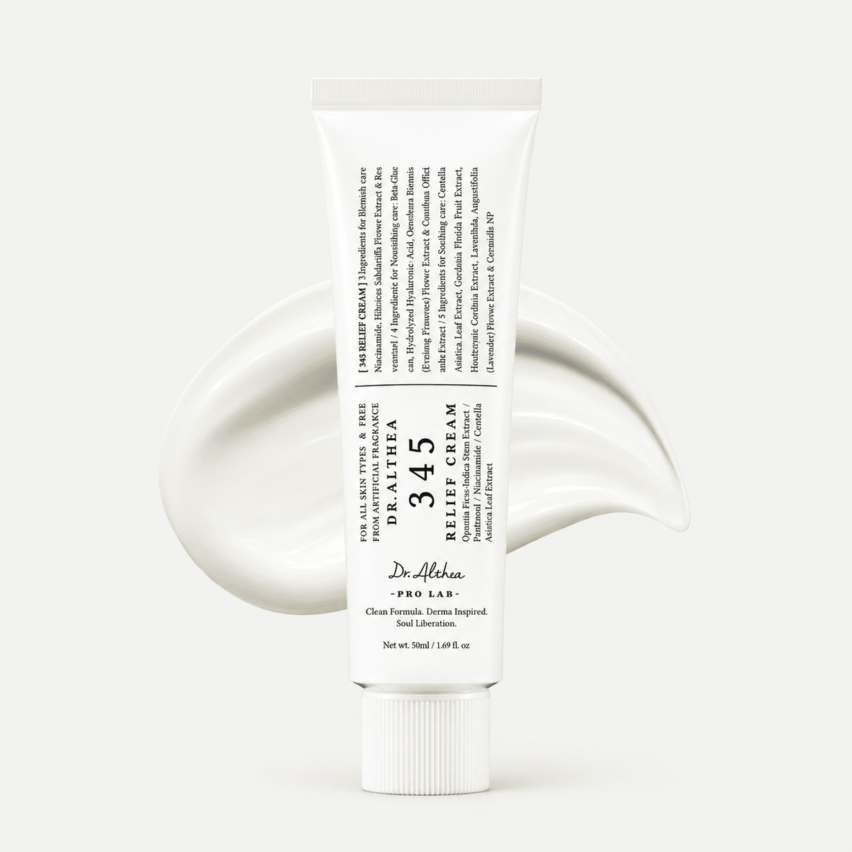 Dr. Althea 345 Relief Cream 50 ml white tube with cream swatch