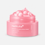 Open jar of Medicube PDRN Pink Collagen Capsule Cream 55 g with pink collagen capsules in clear gel