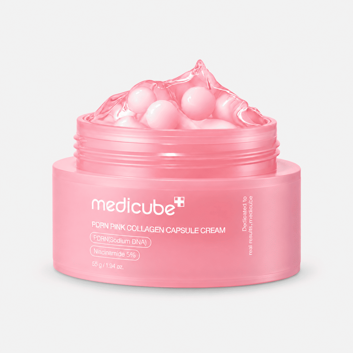 Open jar of Medicube PDRN Pink Collagen Capsule Cream 55 g with pink collagen capsules in clear gel