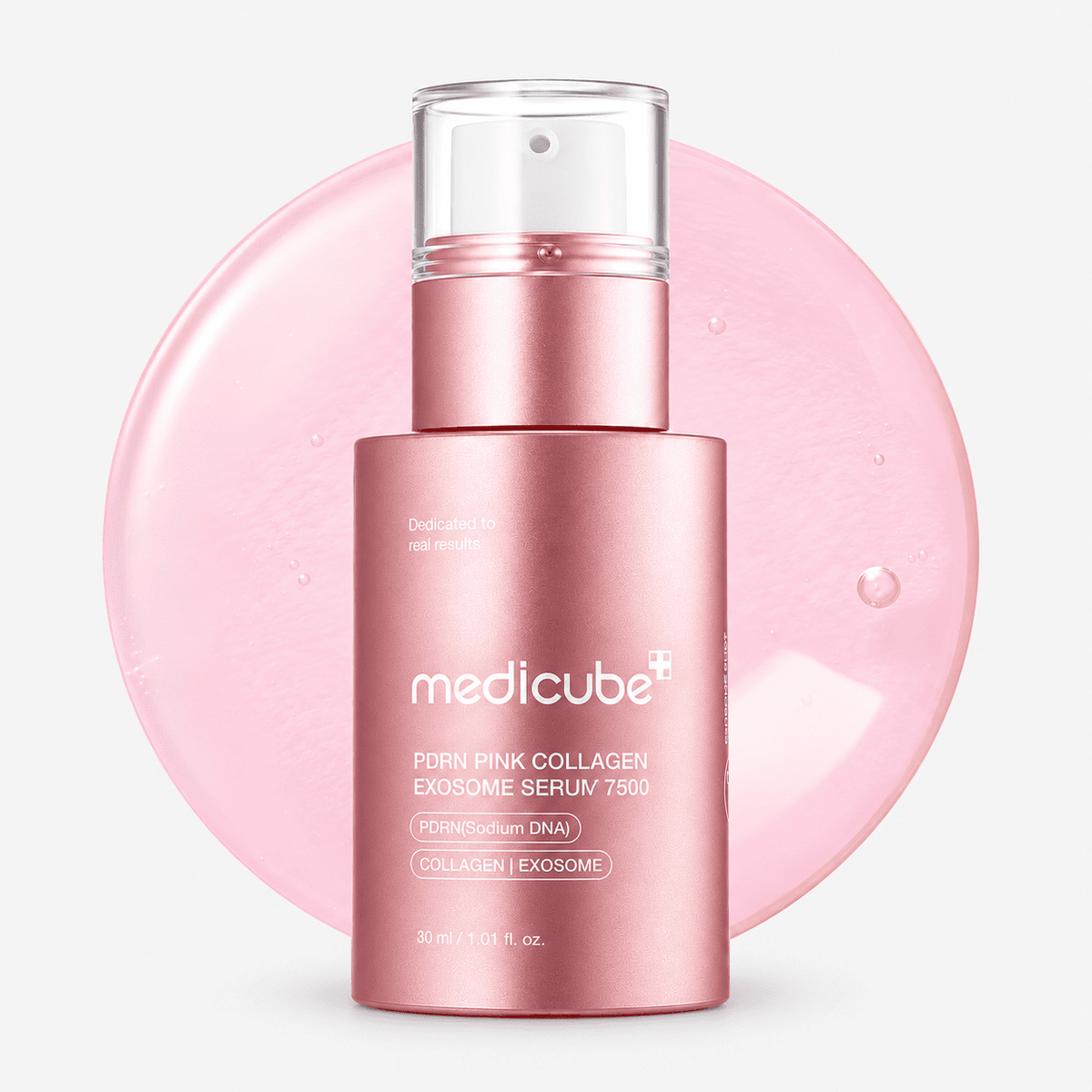 Medicube PDRN Pink Collagen Exosome Serum 7500 30 ml rose-gold pump bottle in front of a pink serum swatch