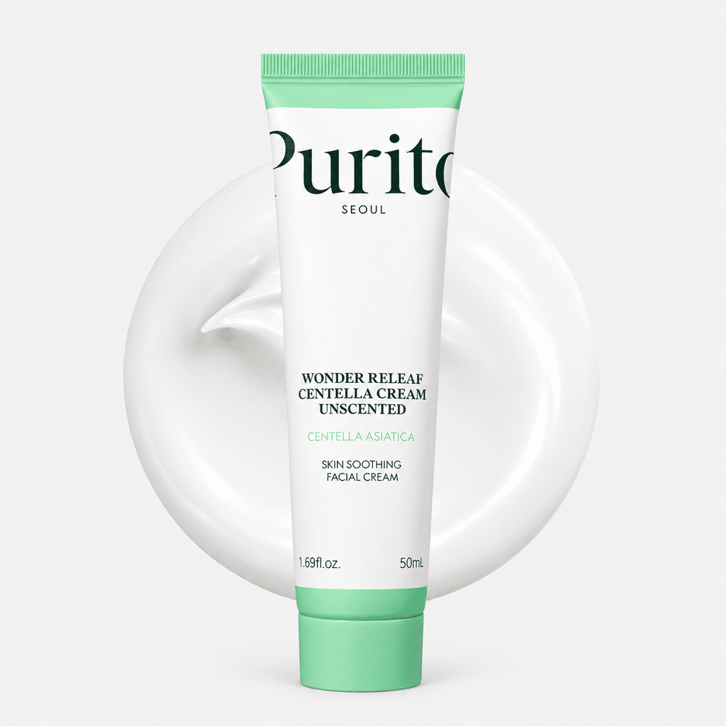 Purito Wonder Releaf Centella Cream Unscented 50 ml tube with soothing facial cream swatch