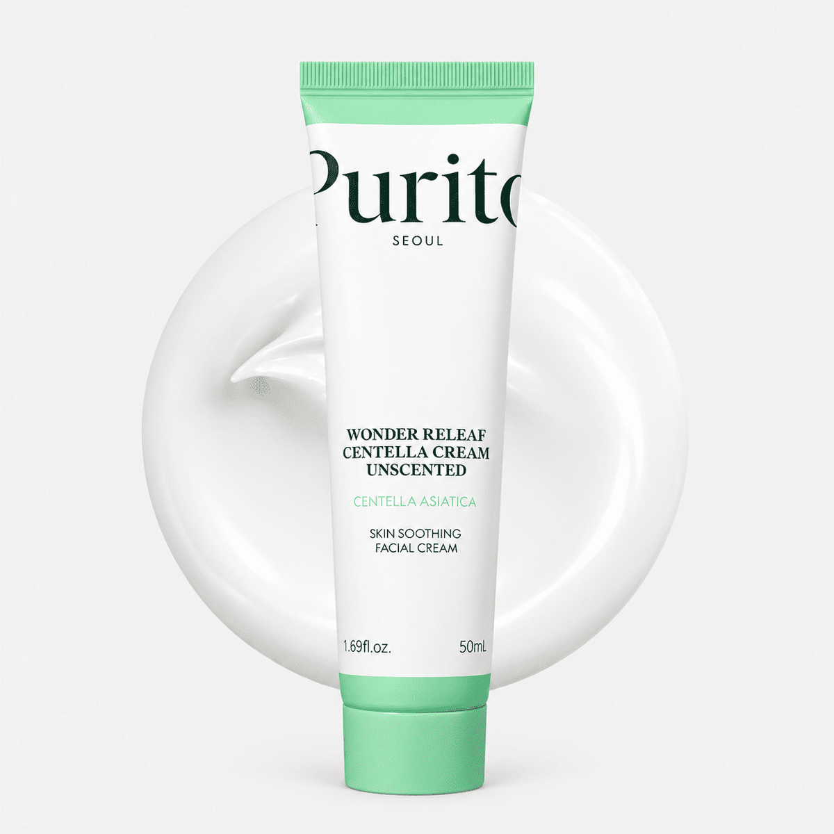 Purito Wonder Releaf Centella Cream Unscented 50 ml tube with soothing facial cream swatch